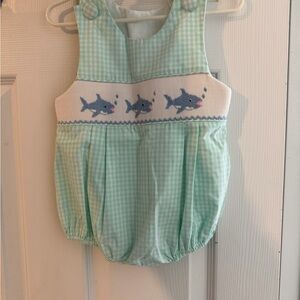 Mint Gingham Baby One-Piece with Smocked Shark Detail